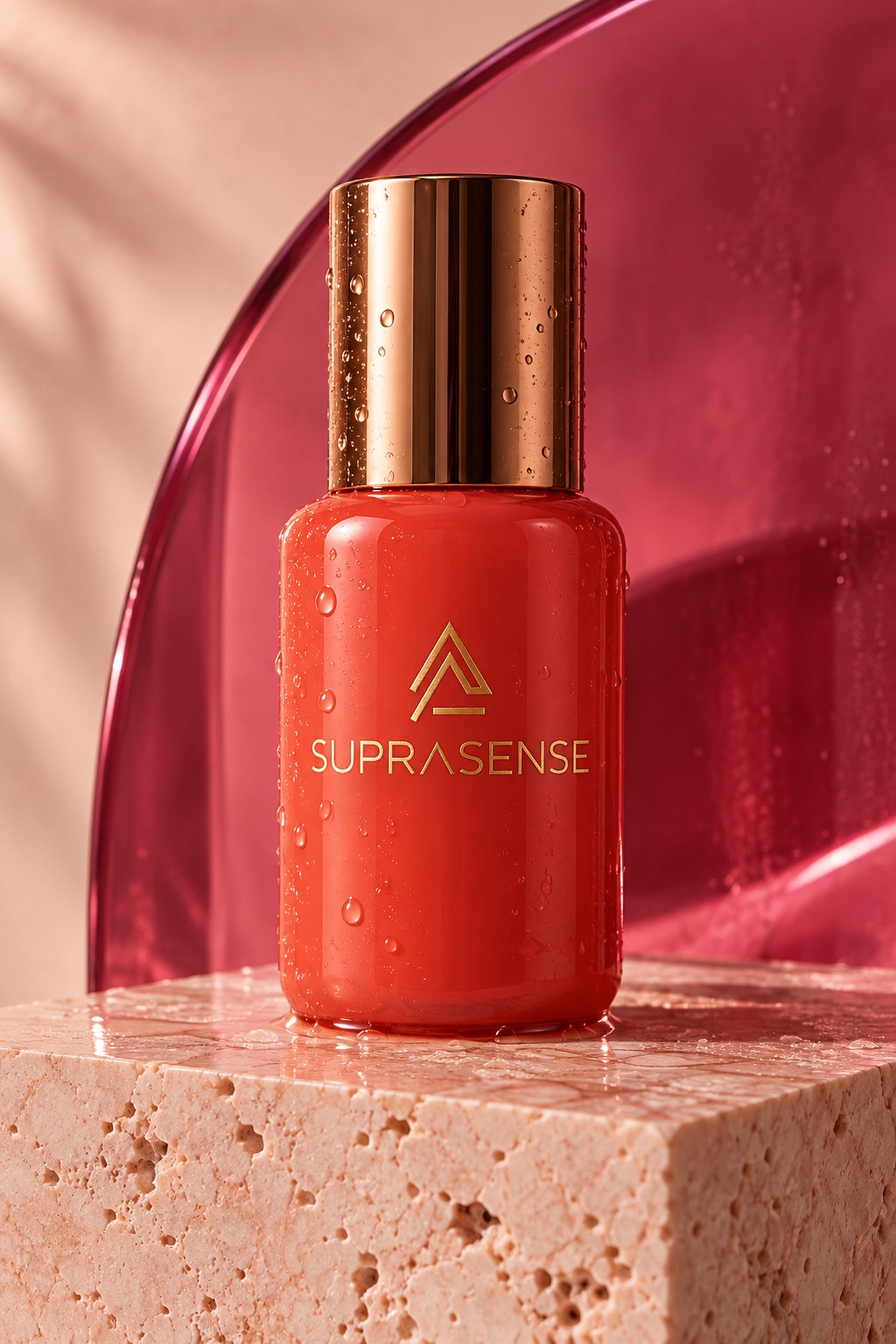 Коралловый флакон сыворотки SUPRASENSE с бронзовой крышкой — авторский AI-визуал SUPRASENSE