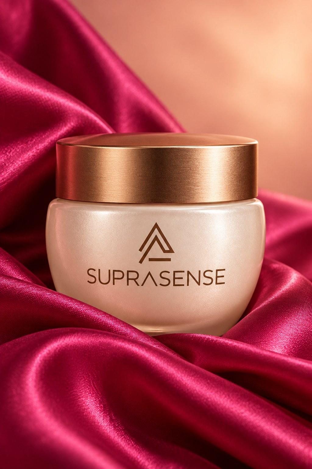 Жемчужная банка крема SUPRASENSE на ткани цвета фуксии — авторский AI-визуал SUPRASENSE